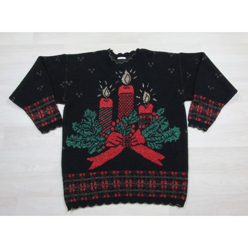 Vintage 80s AOP Christmas Sweater Women's (L) Candles Holiday Mock Neck
